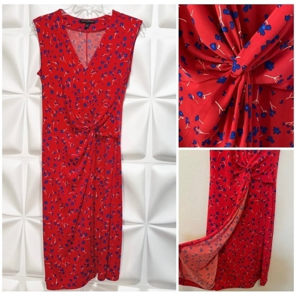 Banana Republic Sz XSP PXS Red Floral Print Slinky Twisted Midi Faux Wrap Dress - Picture 1 of 11